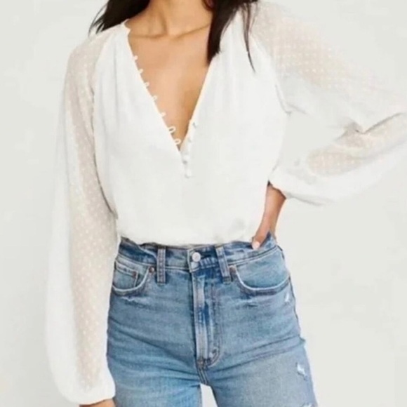 Abercrombie & Fitch Tops - Abercrombie White Swiss Dot Sheer Bodysuit Blouse Cottagecore Coquette Medium